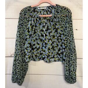 Zara Womens XL Floral Sheer Cropped Button Down Blouse Metallic Shimmer